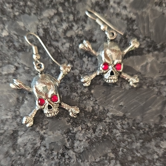 Skull and Crossbones Silvertone Earrings with Red Bead Eyes - Picture 1 of 6